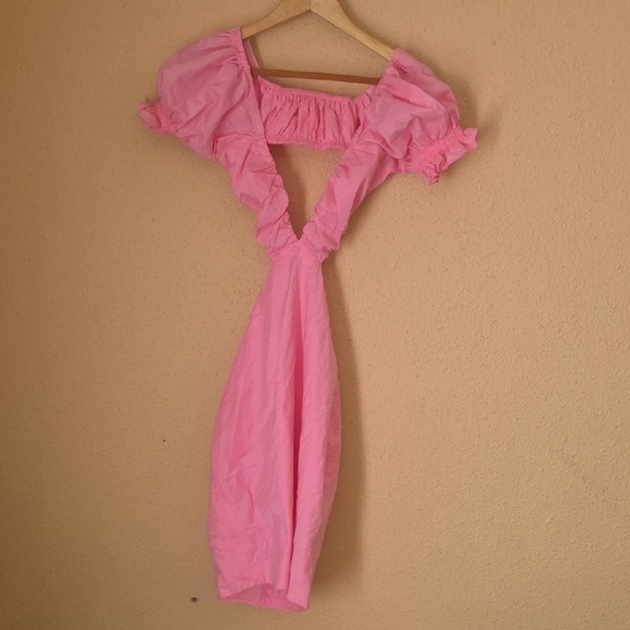 ALAMOUR ..Pink Puff-Sleeve Mini Dress with Deep V and Side Cutouts - Picture 8 of 8